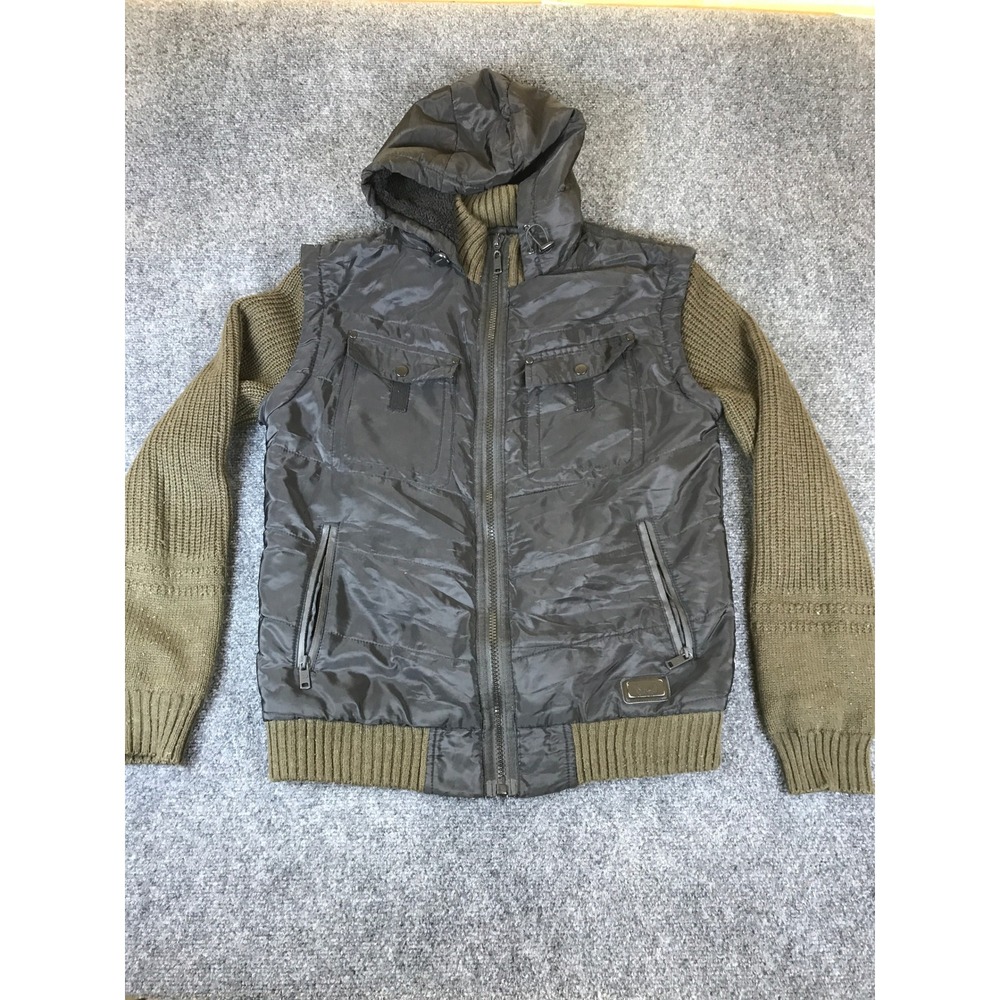 Nick Danger‎ Hybrid Puffer Jacket Mens M Black Olive Green Excellent Knit Sleeve